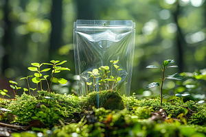 A vibrant green plant growing in a forest, protected by a clear, resealable bag, a Business Photo by ImageMir