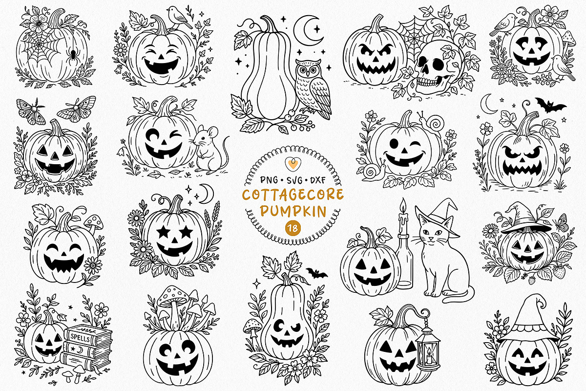 Cottagecore Halloween Pumpkin Bundle, a Seasonal Illustration by Pretty Meerkat (Photo 1 of 6)