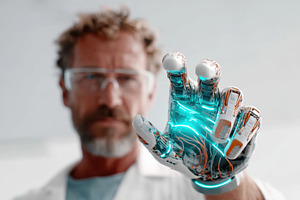 Scientist demonstrating futuristic robotic hand, a Technology Photo by AlyaAnd