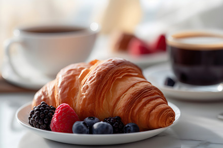 Tasty croissants with fresh berries on kitchen table. Generative AI, a Food & Drink Photo by AlyaAnd