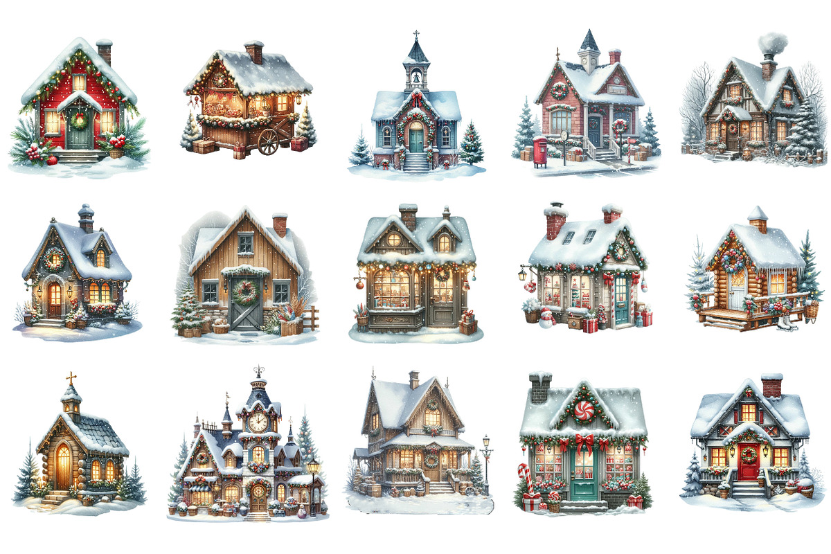 Snowy Village Christmas Clipart, an Illustration by Designking (Photo 3 of 5)