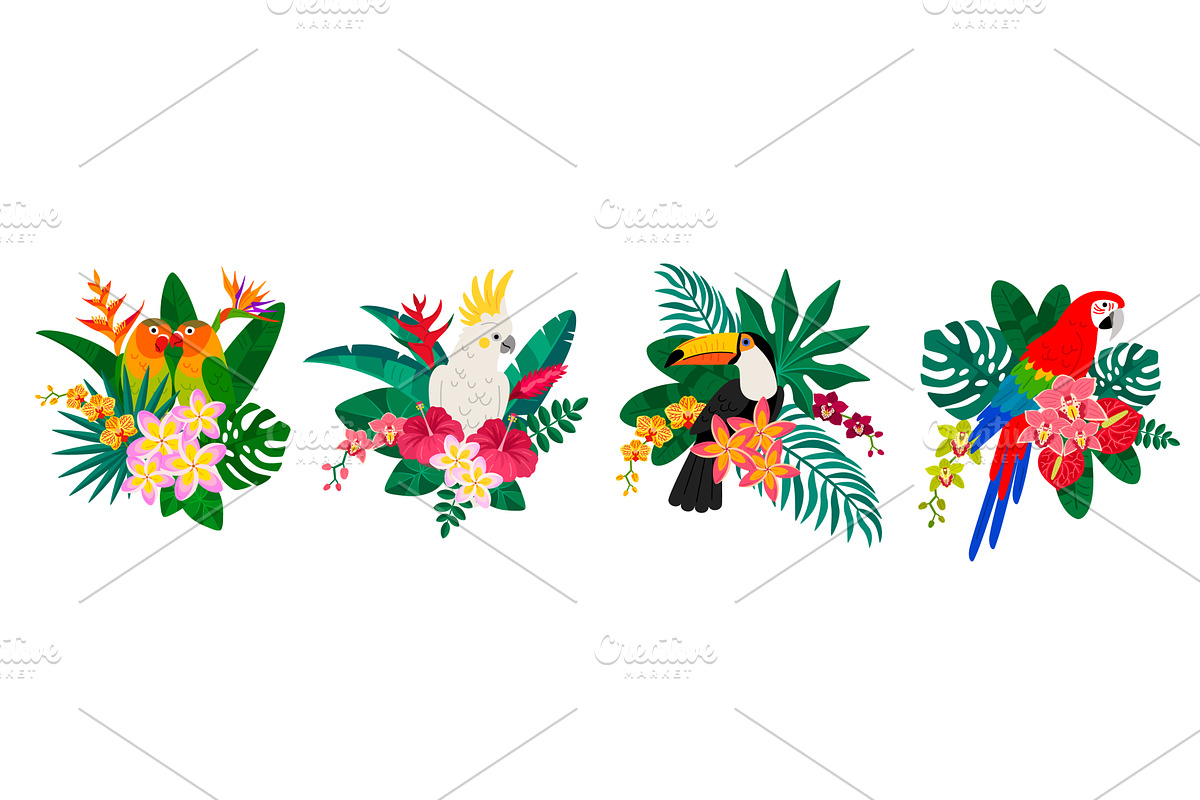 Parrots sitting in tropical leaves, an Object Illustration by kotoffei