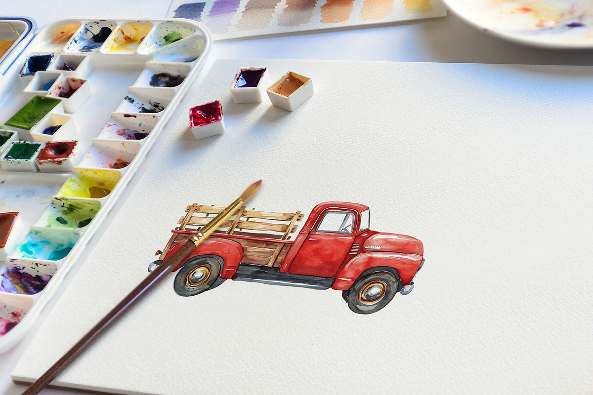 Watercolor Trucks & Retro Car Vector, a Transportation Illustration by Deckar_art (Photo 2 of 2)