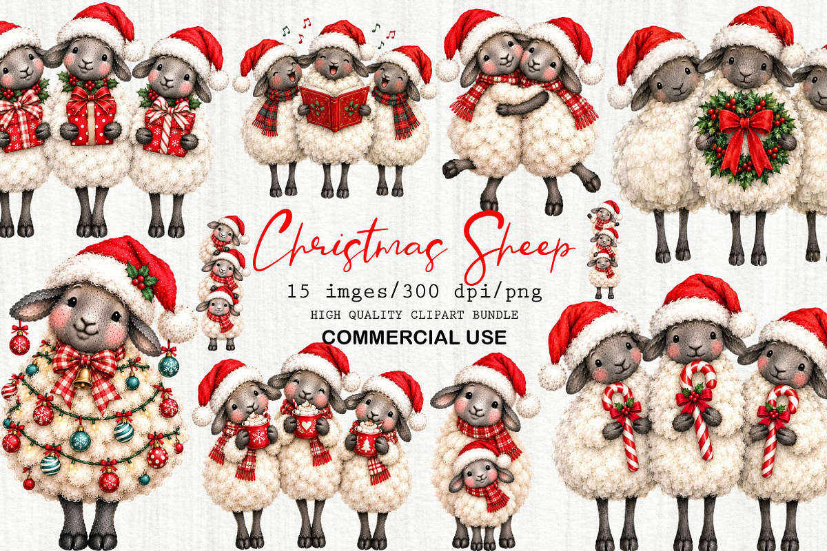 Whimsical Christmas Sheep Clipart, a Seasonal Illustration by fashionaddict (Photo 1 of 11)