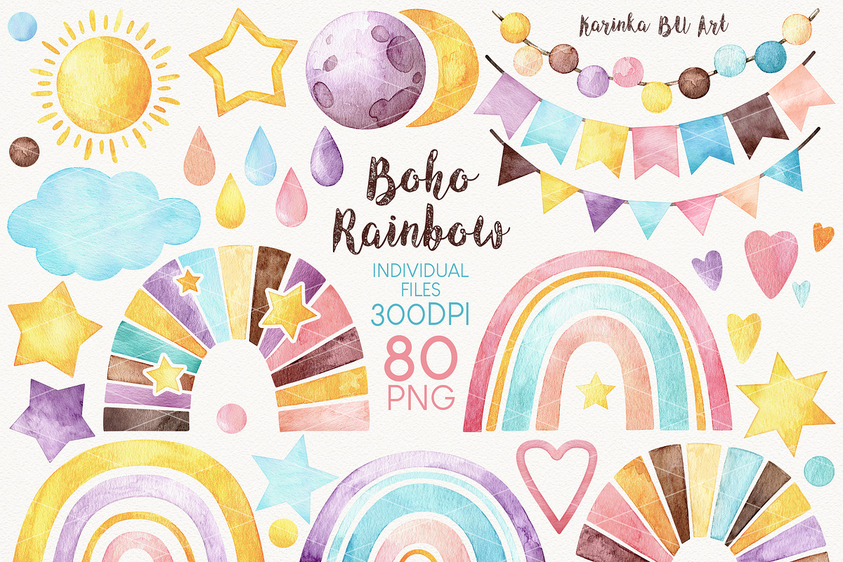 80 Boho rainbow watercolor elements, a Decorative Illustration by KarinkaBU (Photo 1 of 6)