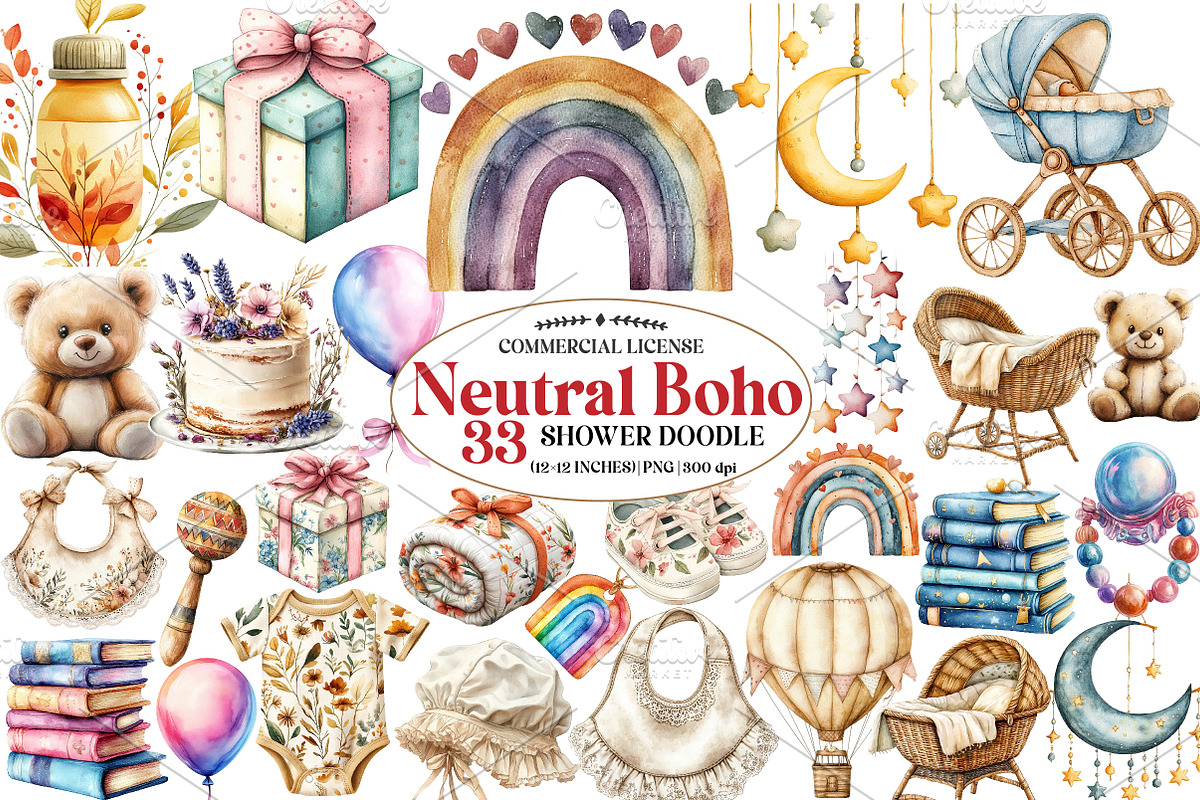 Neutral Boho Baby Shower Doodle Clip, an Illustration by Watercolor design (Photo 1 of 5)