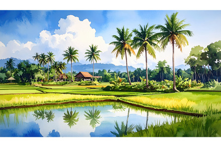 Lush rice fields with palm trees and
