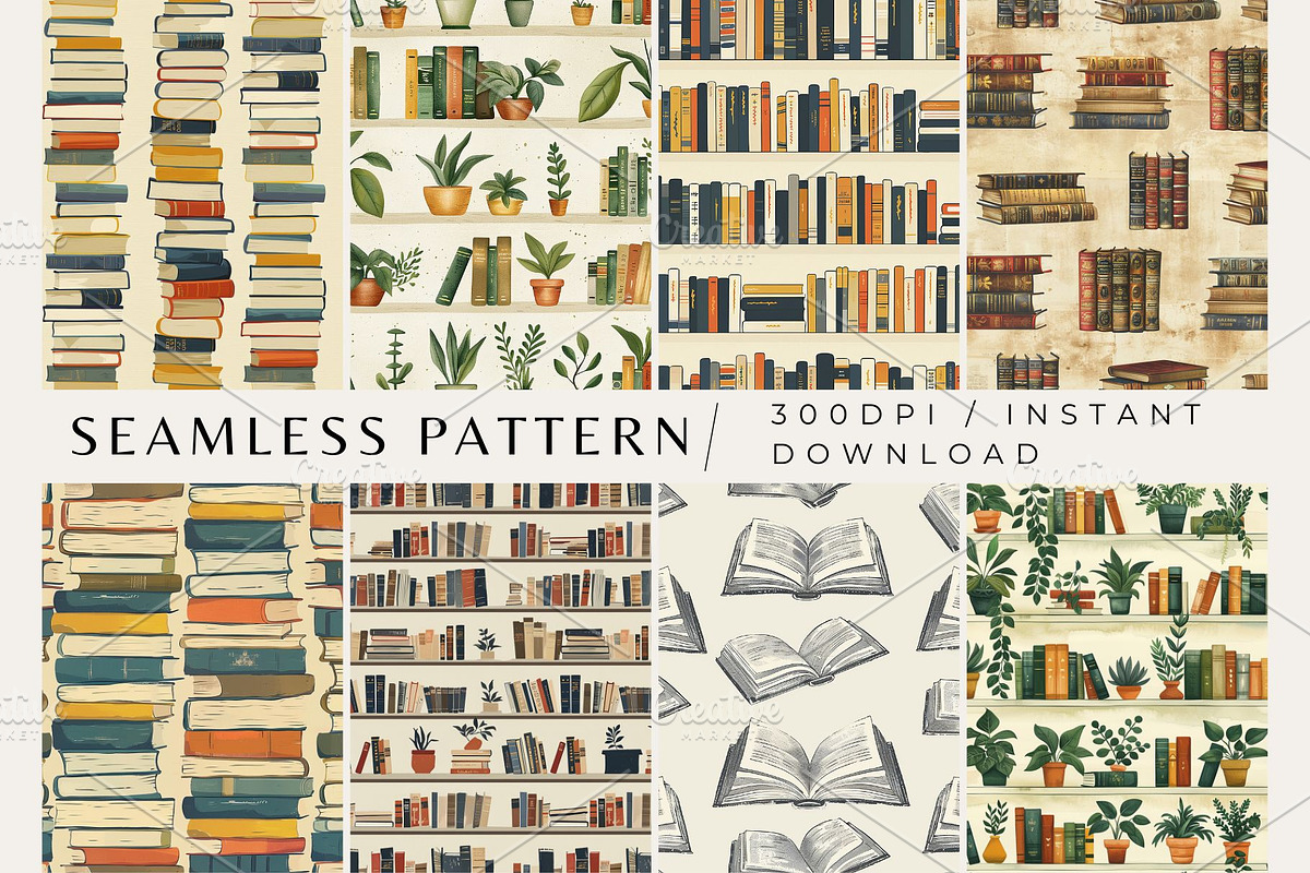 8 Bookish Seamless Patterns, a Pattern Graphic by Inknfolly (Photo 1 of 3)
