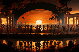 Ancient Greek Symposium at Sunset: Women Dancing beside Historical Ruins, a Photo by AS photostudio