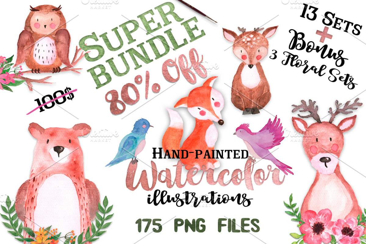 Super Watercolor Bundle 80% Off, an Animal Illustration by Tanya Kart