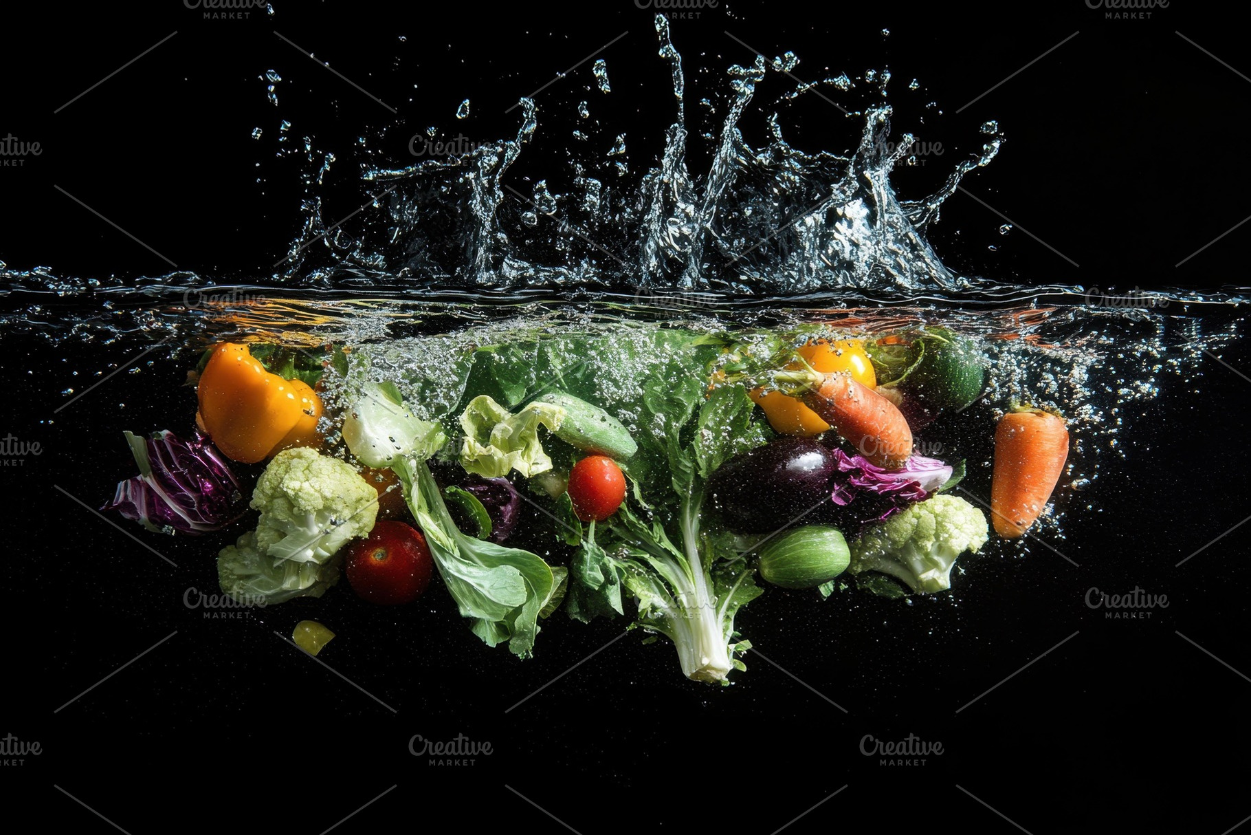 Fresh vegetables splash into water c, a Photo by Tanuart