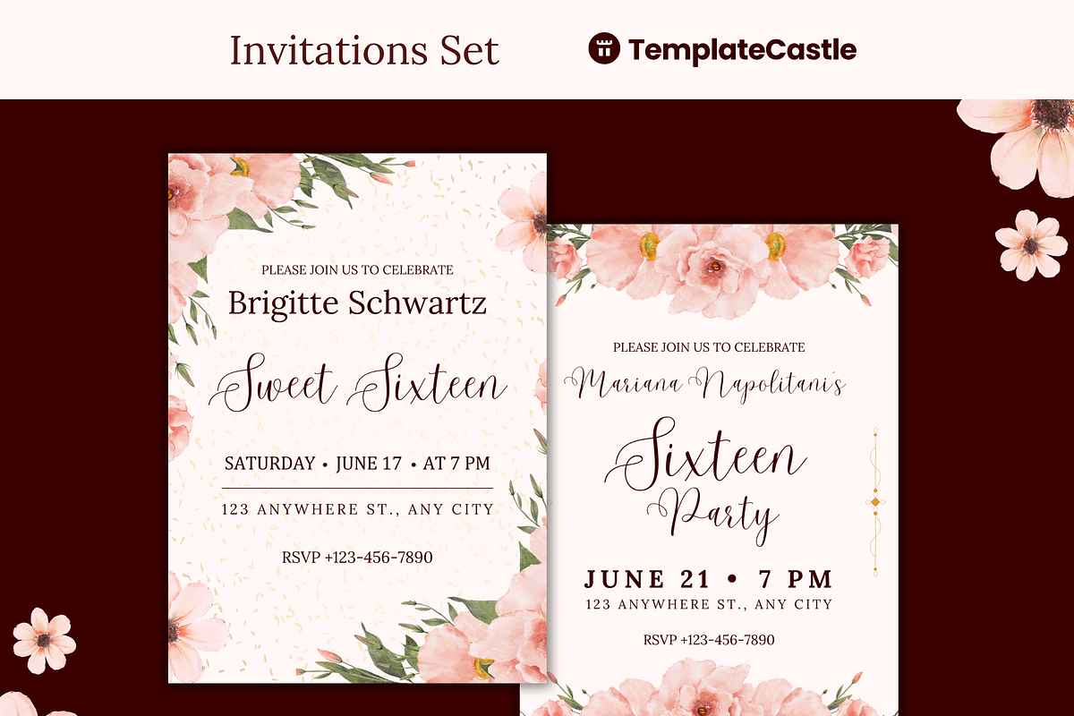 5 Sweet Sixteen Invitations Floral, a Templates & Theme by TemplateCastleStore (Photo 2 of 9)