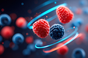 Mixed berries levitating with a vibrant swirling background in an artistic rend, a Food & Drink Photo by AlyaAnd
