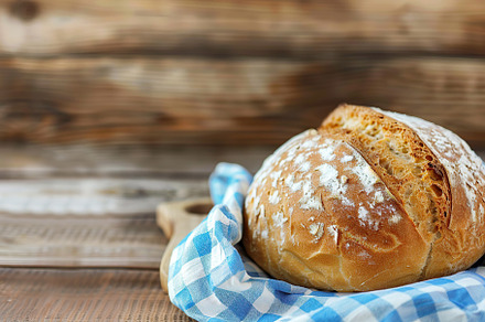 Freshly baked bread with blue napkin on wooden table, a Food & Drink Photo by AlyaAnd