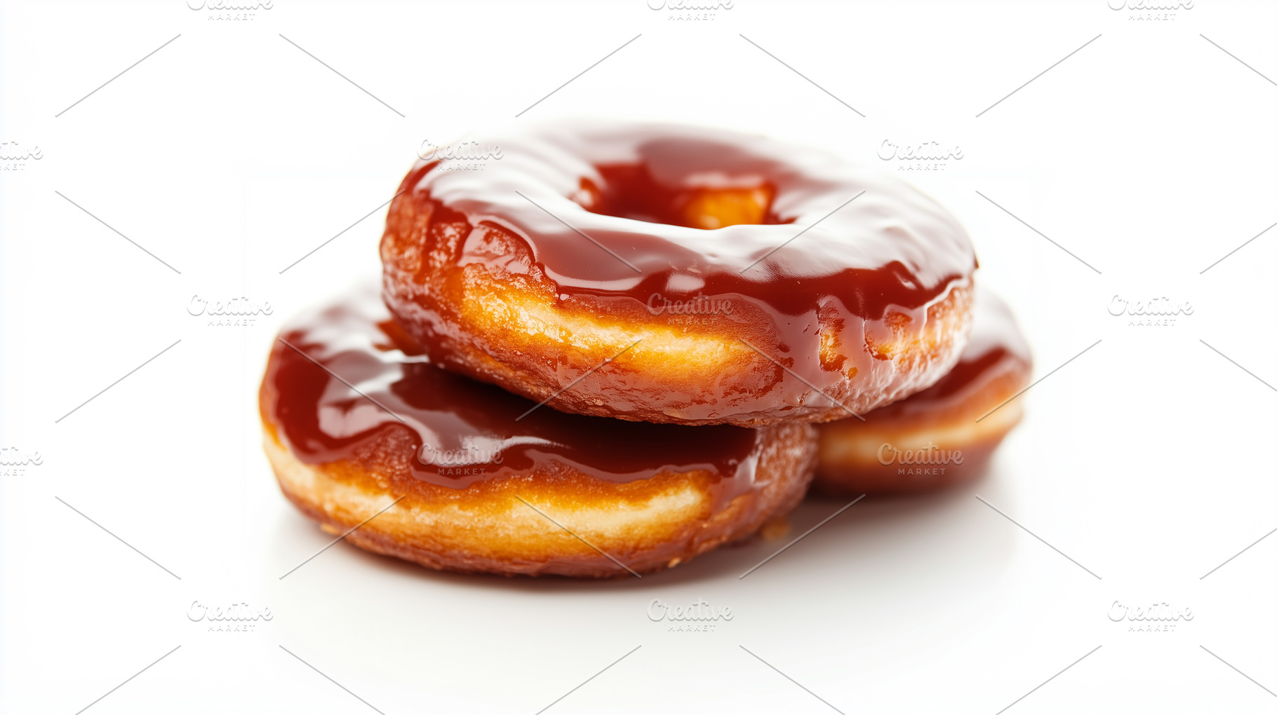 Three golden donuts with chocolate, a Food & Drink Photo by MistyDay