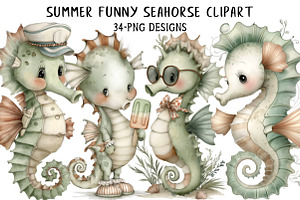 Summer Funny Seahorse Clipart, an Illustration by Daily.Designs