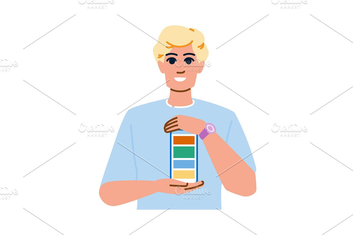 Young man showing smartphone with, a Person Illustration by pikepicture