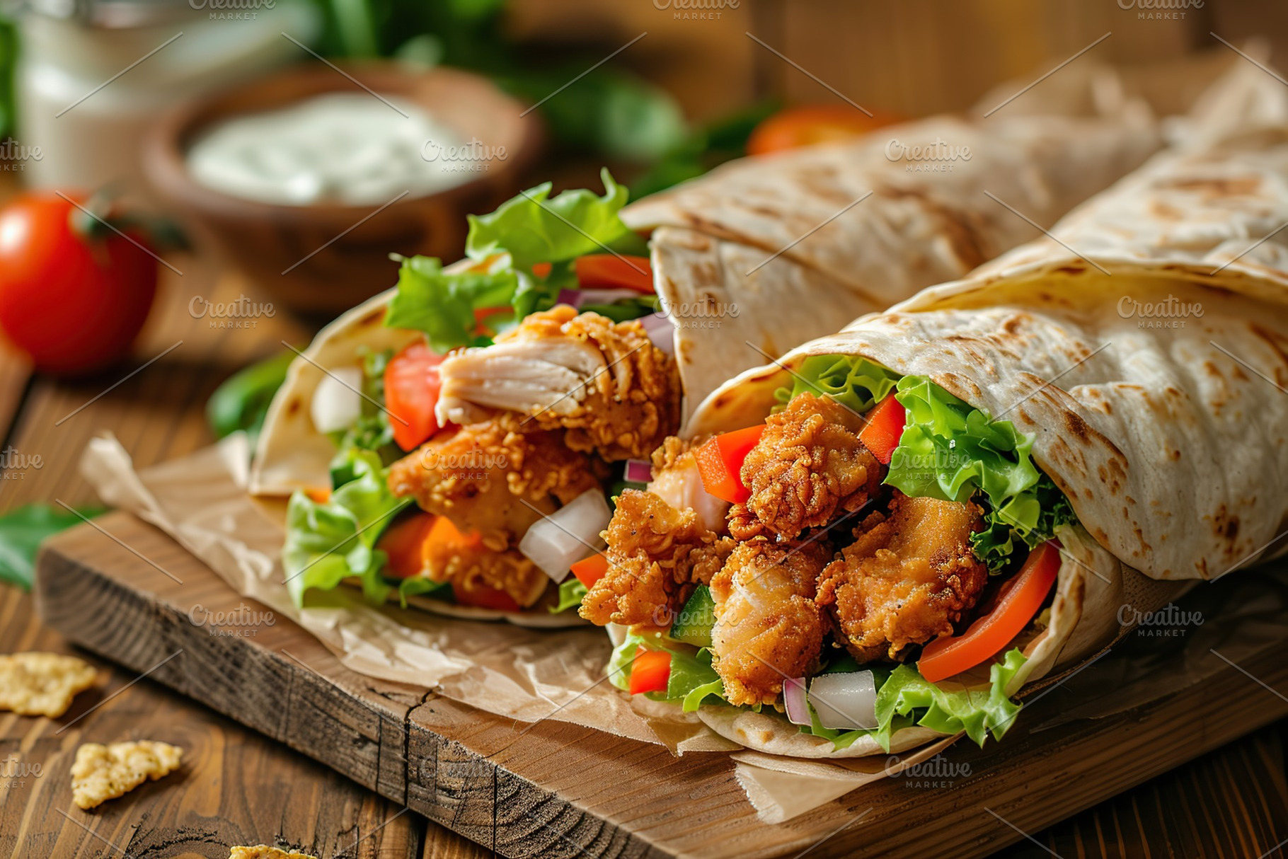 Tortilla wrap with chicken and fresh vegetables on wooden table, a Food & Drink Photo by AlyaAnd