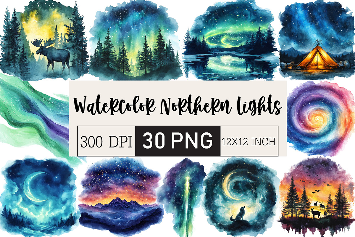 Watercolor Northern Lights Clipart, an Illustration by Black Bird Studio (Photo 1 of 6)