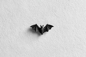Small black bat resting on a white textured surface in a dimly lit environment, a Photo by AlyaAnd