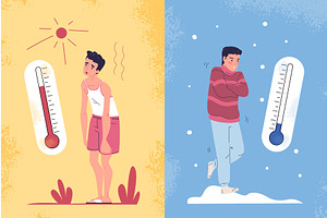 Heat cold thermometer. Man hot, an Illustration by Stock-Smart-Start