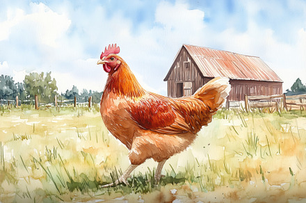 A vibrant watercolor painting of a rooster walking in a grassy field, with a ru, an Animal Photo by Textures & Backgrounds
