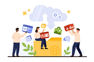 Teamwork Sharing Data to Cloud, a Technology Illustration by Flashvector