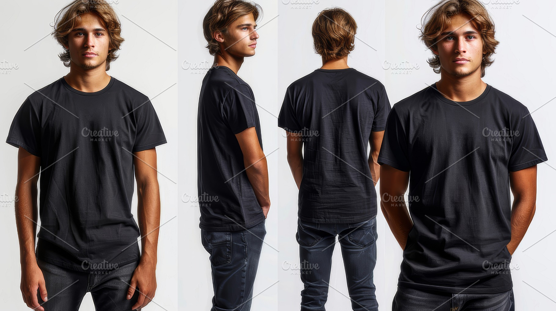 Collage of Man in Black T-Shirt Displaying Multiple Angles on White Background, a Photo by AS photostudio