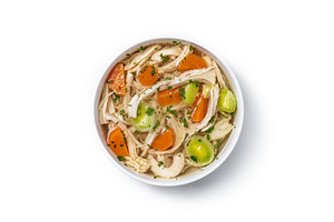Homemade chicken soup in white bowl with carrots and celery, a Food & Drink Photo by etorres69