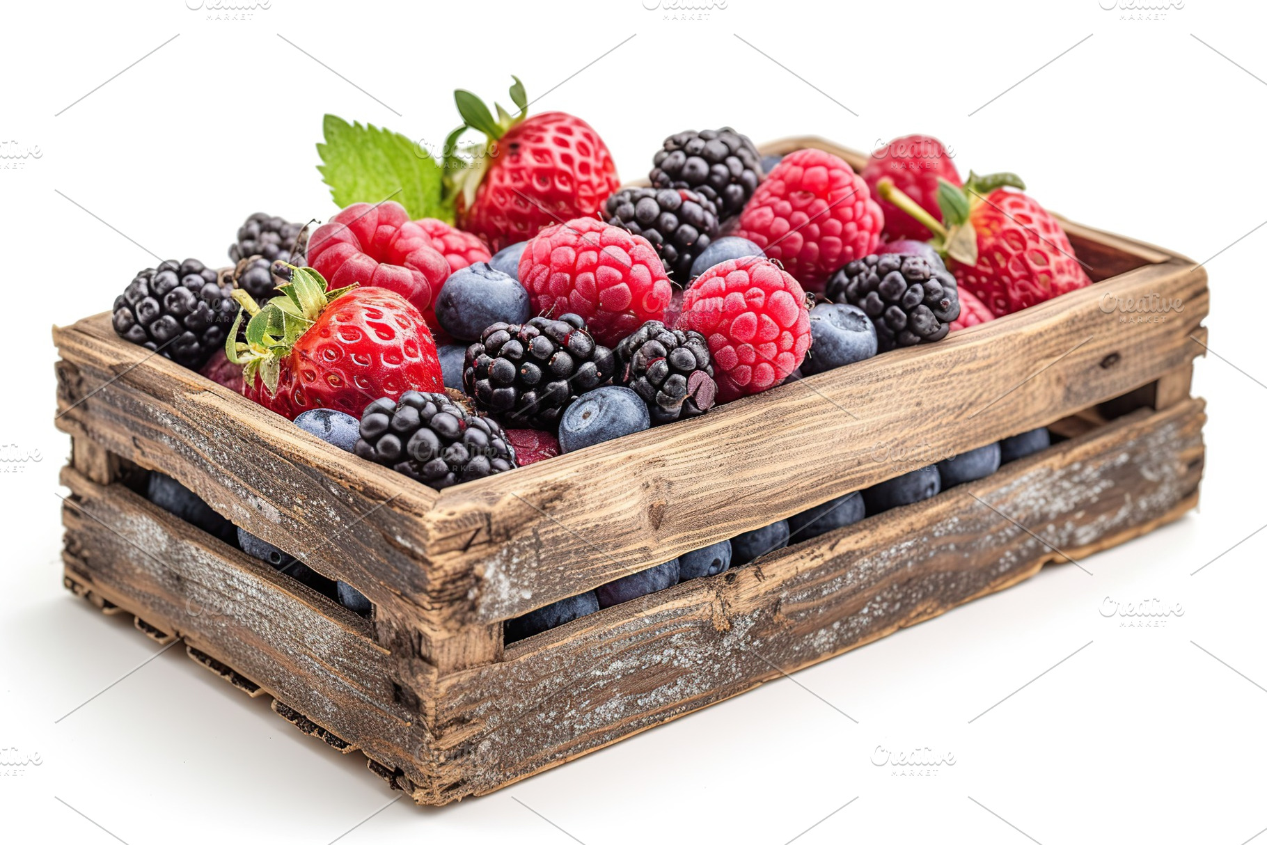 Fresh ripe berries in wooden crate on white background, a Food & Drink Photo by AlyaAnd