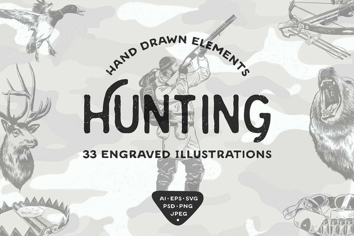 Hunting hand drawn logo elements, an Animal Illustration by Akimo Mia (Photo 1 of 6)