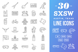 30 SXSW Austin Texas Flat Line Icons