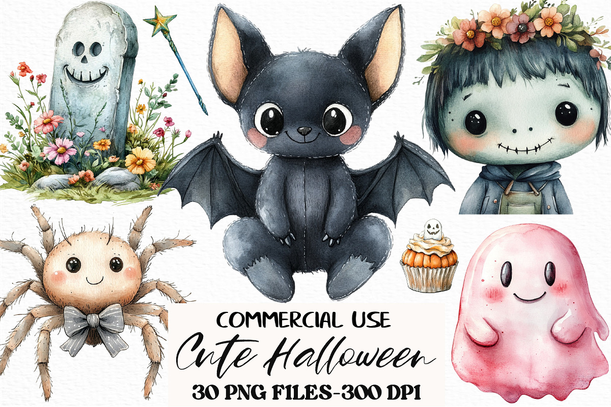 Watercolor Hand Drawn Cute Halloween, an Illustration by Craft Nest (Photo 1 of 6)