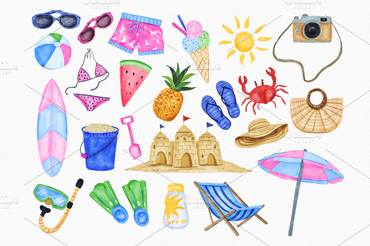Watercolor Summer Beach  Set, an Illustration by MiracleArtAndDesign (Photo 2 of 2)