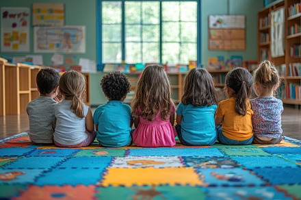 Children seated on a colorful mat in, a Photo by Tanuart