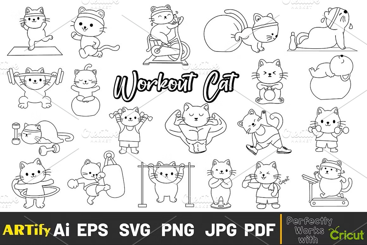 Funny Kawaii Workout Cat Clipart, an Animal Illustration by ARTify Illustrations (Photo 3 of 3)