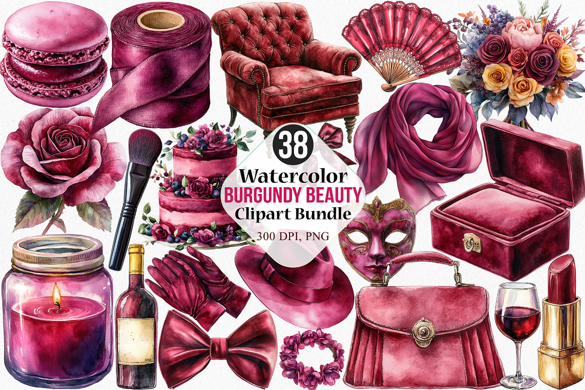 Watercolor Burgundy Beauty Clipart, an Illustration by Canvas Craft (Photo 1 of 7)