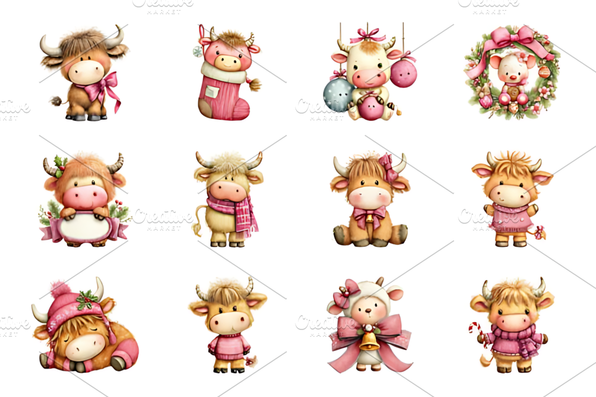 Pink Christmas Highland Cow Clipart, a Seasonal Illustration by Design ...