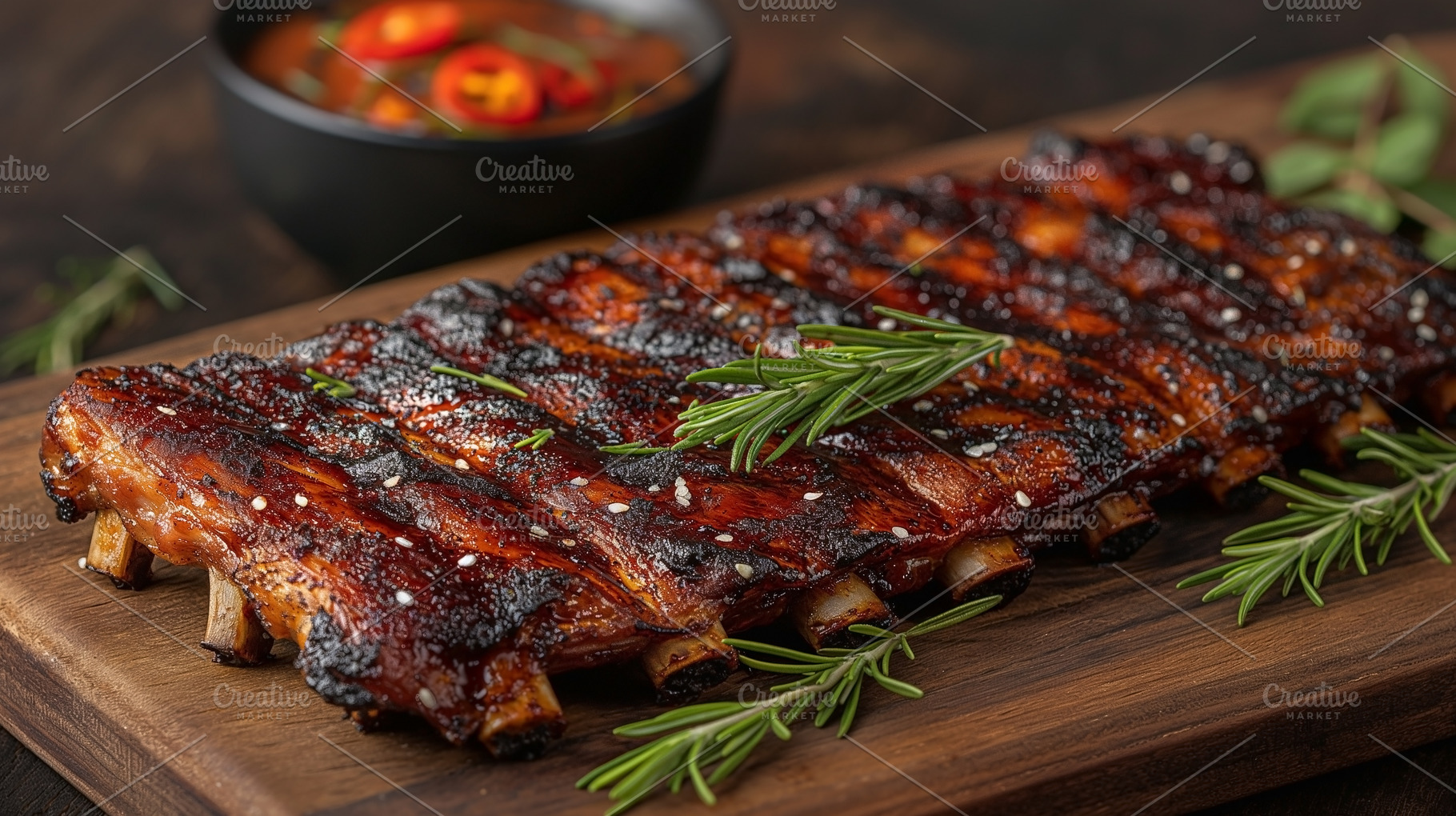 Succulent grilled pork ribs garnished with rosemary, served with, a Food & Drink Photo by ImageMir
