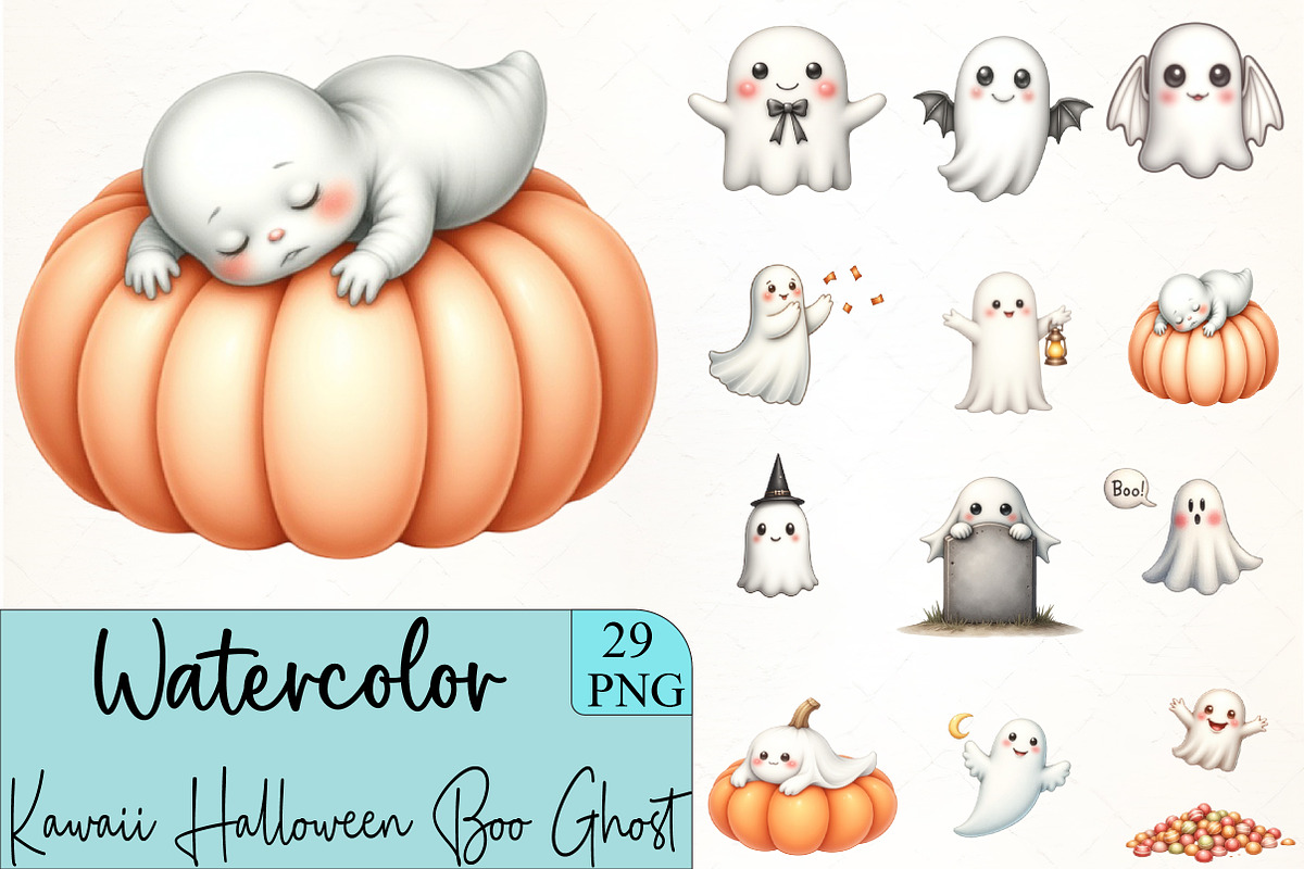 Kawaii Halloween Boo Ghost Clipart, an Illustration by CrexoraLab (Photo 1 of 6)