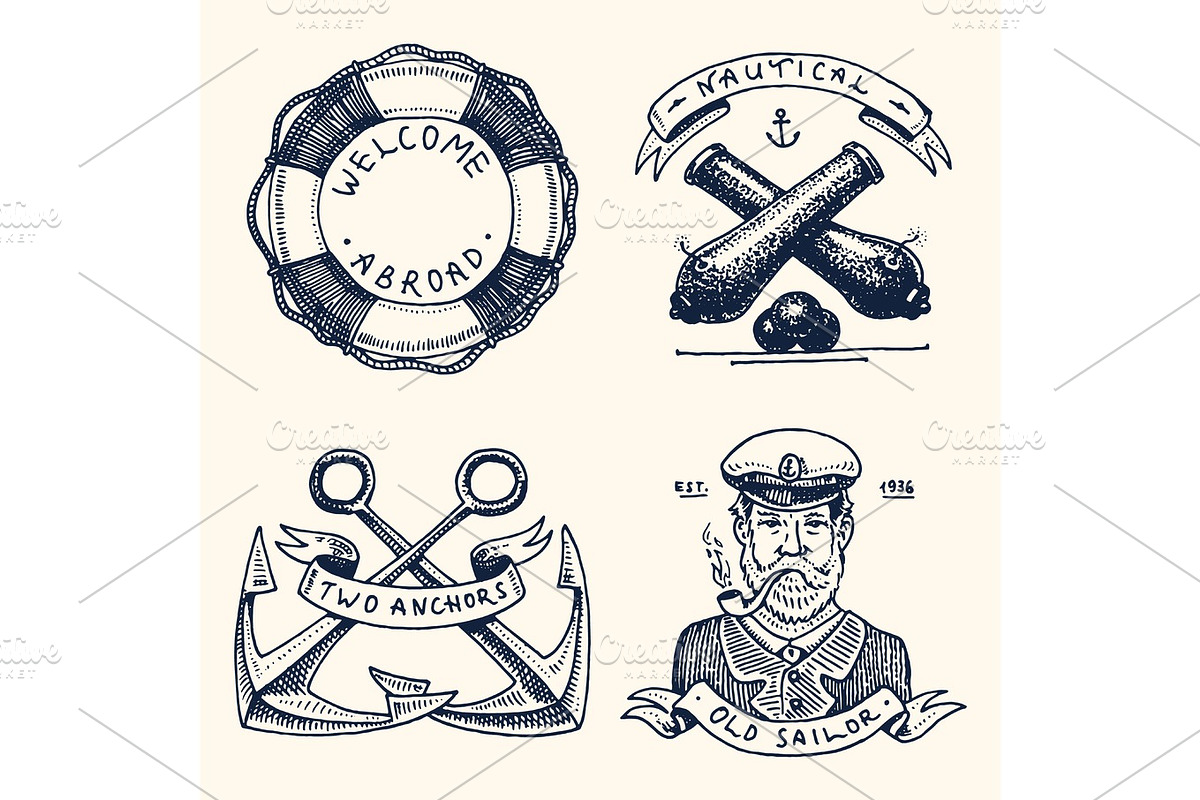 set of engraved vintage, hand drawn, old, labels or badges for a life ring, a cannon ball, a captain with a pipe. welcome aboard, two anchors, sailor. Marine and nautical or sea, ocean emblems., a Work Illustration by Arthur Balitskiy