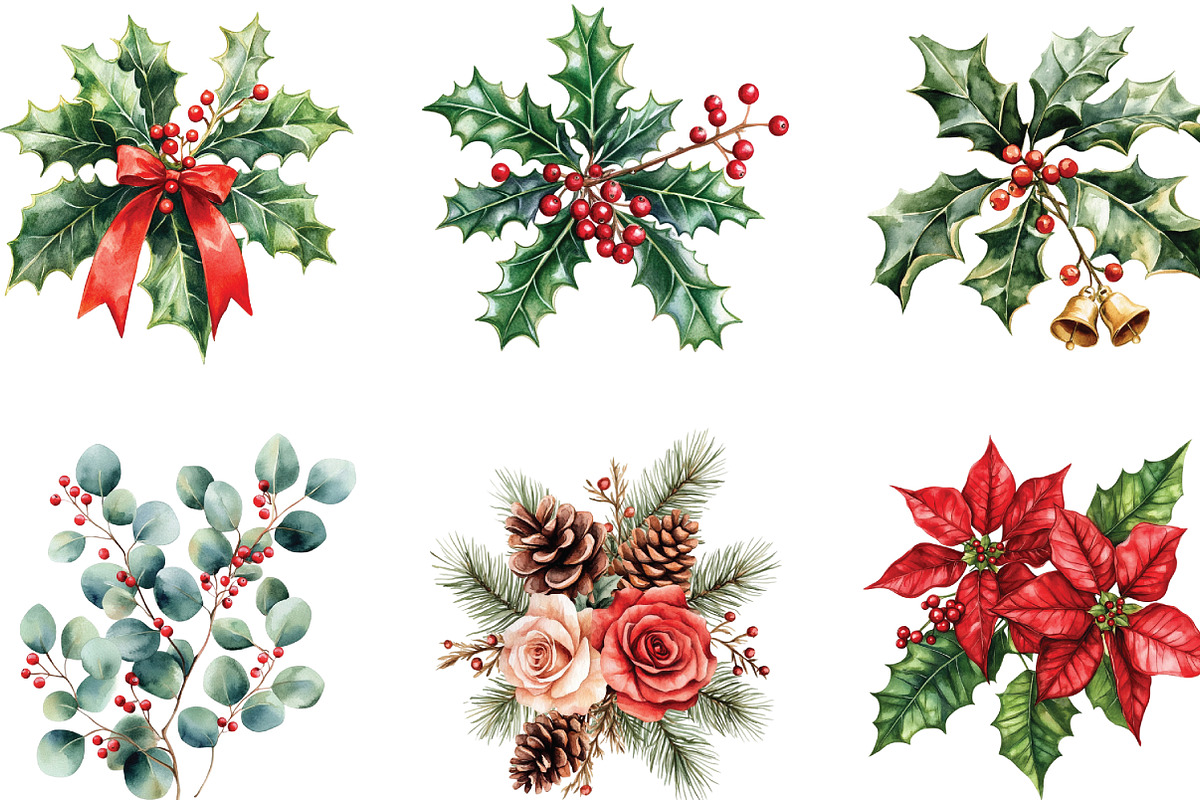 Watercolor Holiday Floral Clipart, an Illustration by CraftArtStudio (Photo 2 of 6)