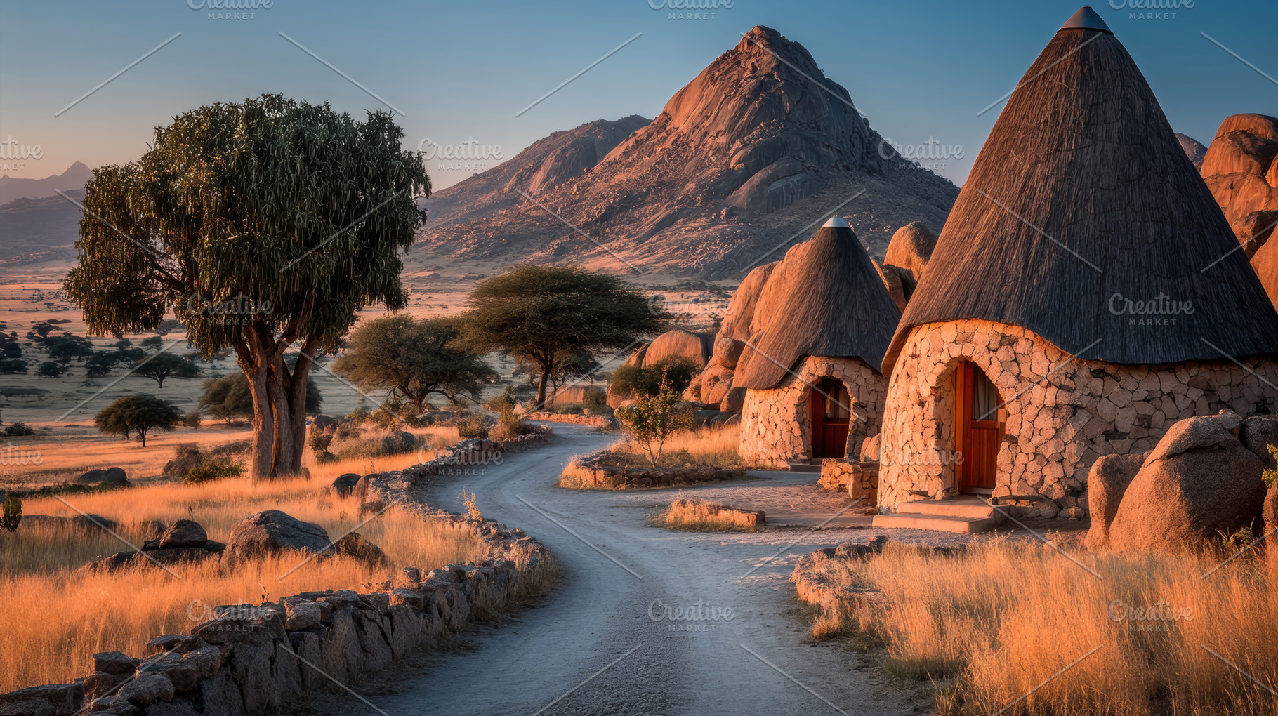Desert village with cone roof huts along a dusty road at sunset, a Photo by AS photostudio