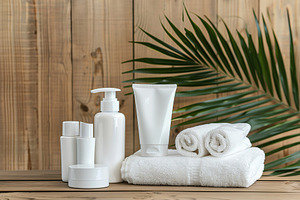 Blank cosmetic containers with towels and green palm leafs on wooden background, a Health & Medical Photo by AlyaAnd