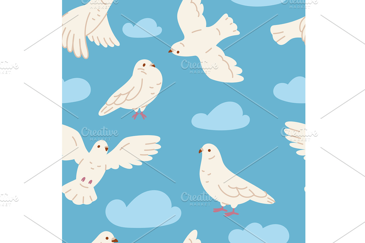 White doves seamless pattern. Cute, an Animal Illustration by YummyBuum