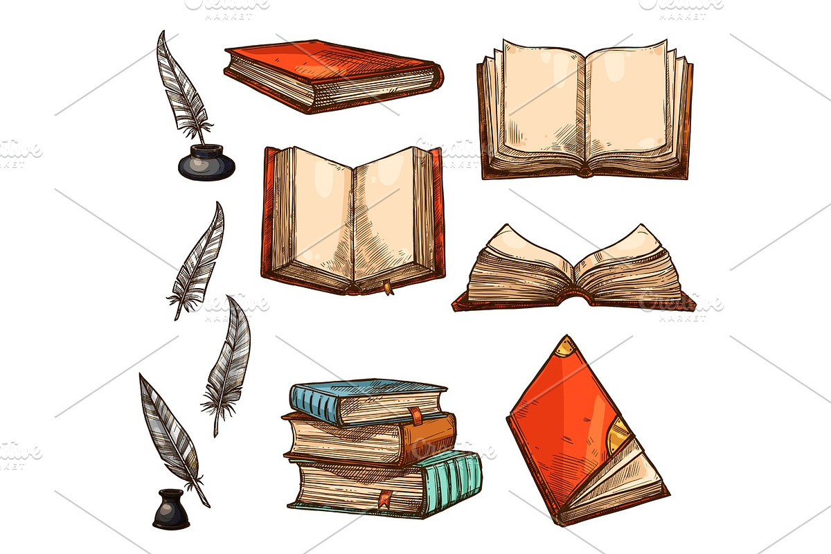 Vector icons of old books and manuscripts sketch, an Object Graphic by Vector Tradition