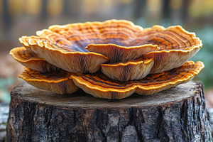 Colorful fungi grow on a tree stump, a Photo by Tanuart