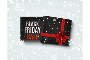 Black Friday Sale Design. Opened Black Gift Box With Red Bow.