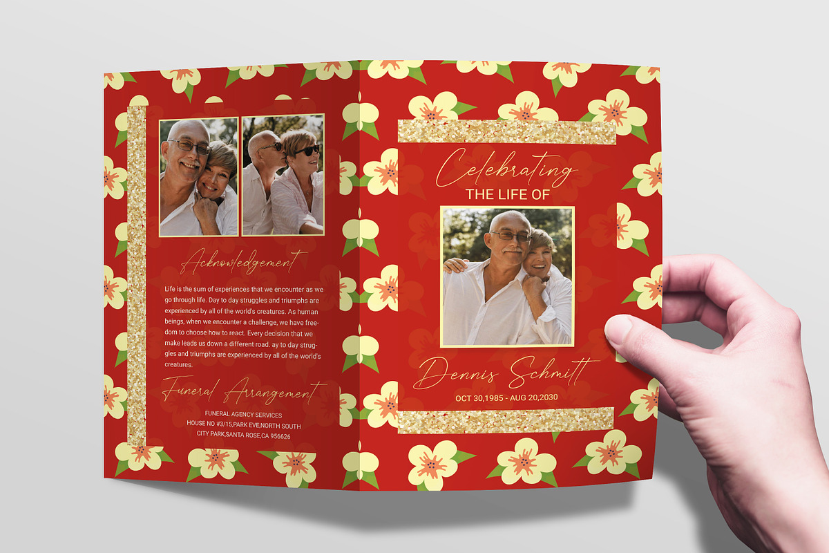 Red Flower Floral Funeral Program