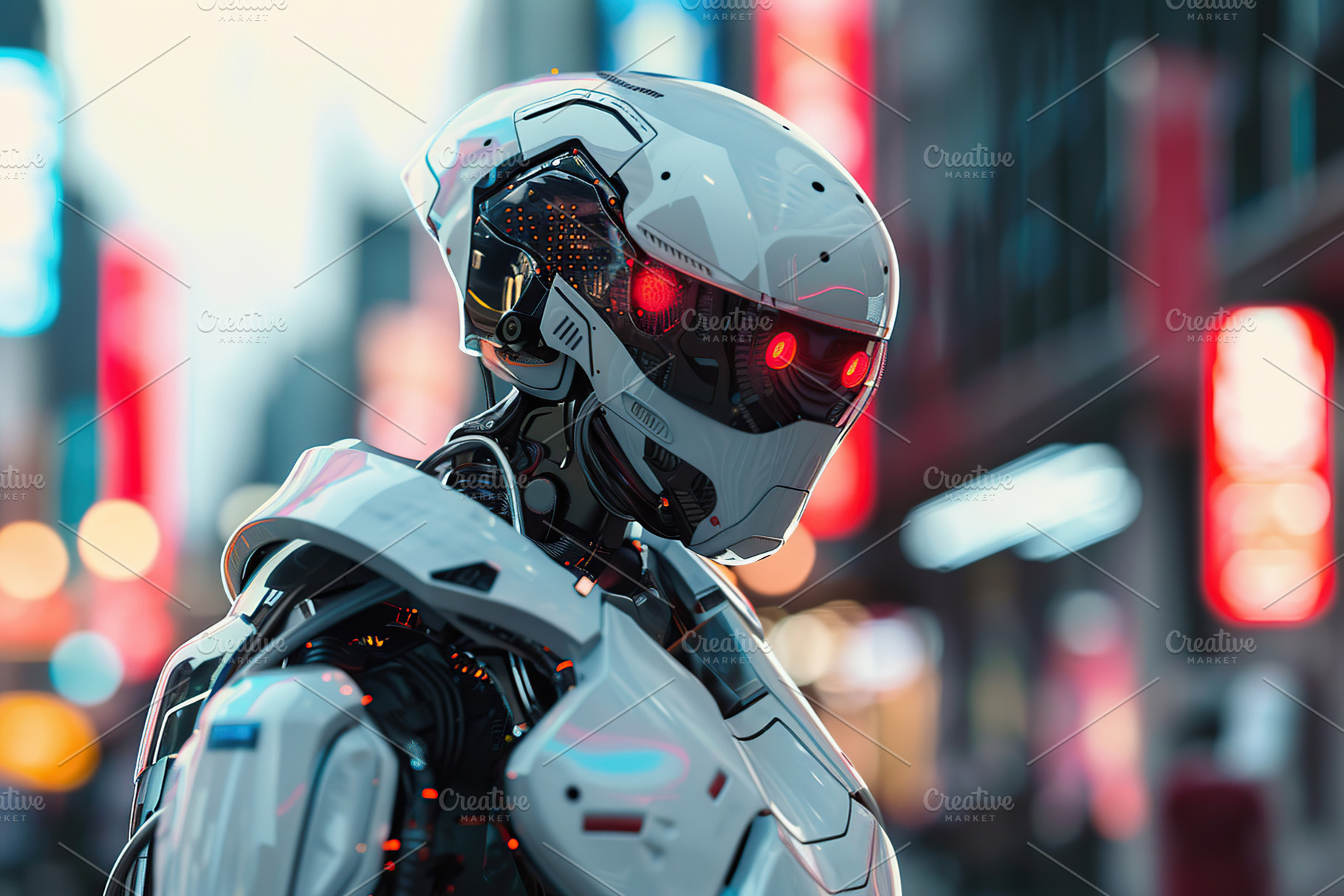 AI robot standing on city street, a Photo by AlyaAnd
